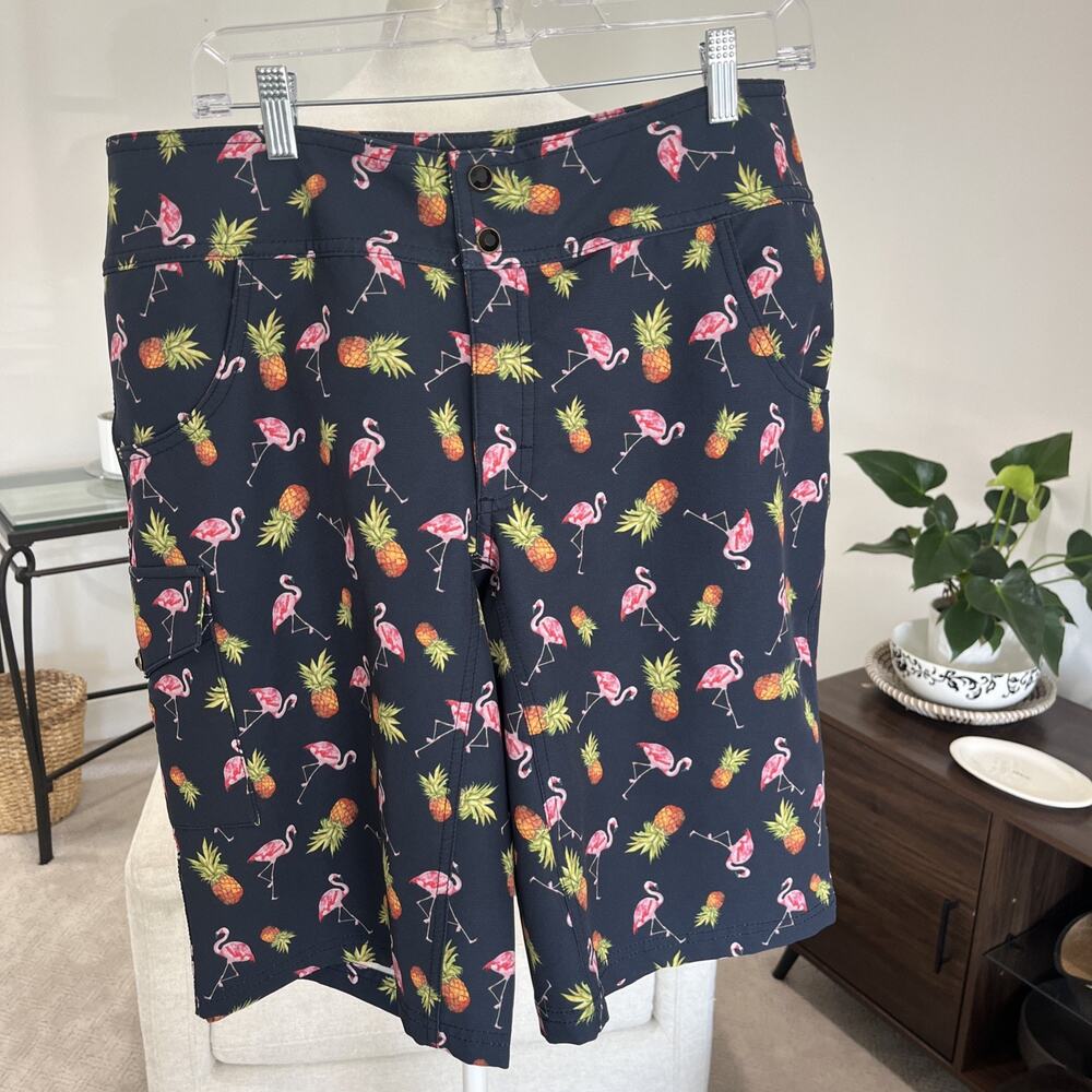 Shredly Women Sz 14 Flamingo Pineapple Cycling Shorts Double Snap Blue Pink